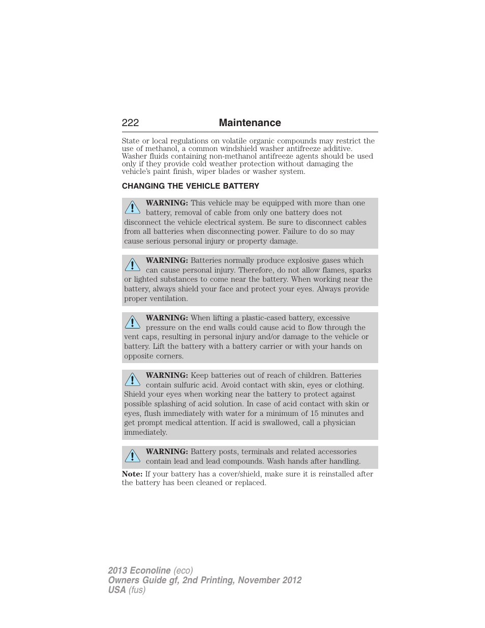 Changing the vehicle battery, 222 maintenance | FORD 2013 E-450 v.2 User Manual | Page 223 / 437