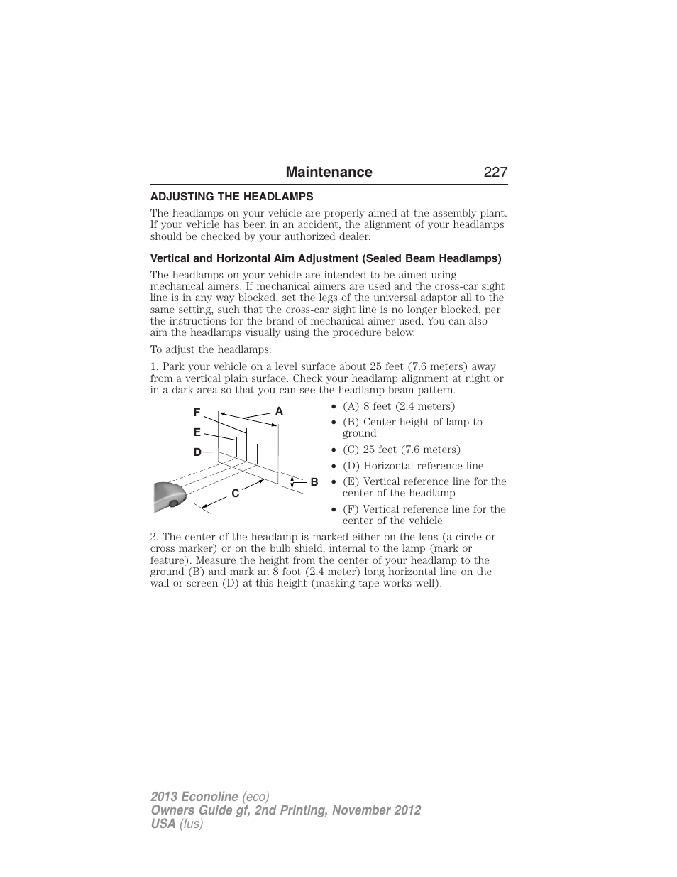 Adjusting the headlamps, Maintenance 227 | FORD 2013 E-450 v.2 User Manual | Page 228 / 437