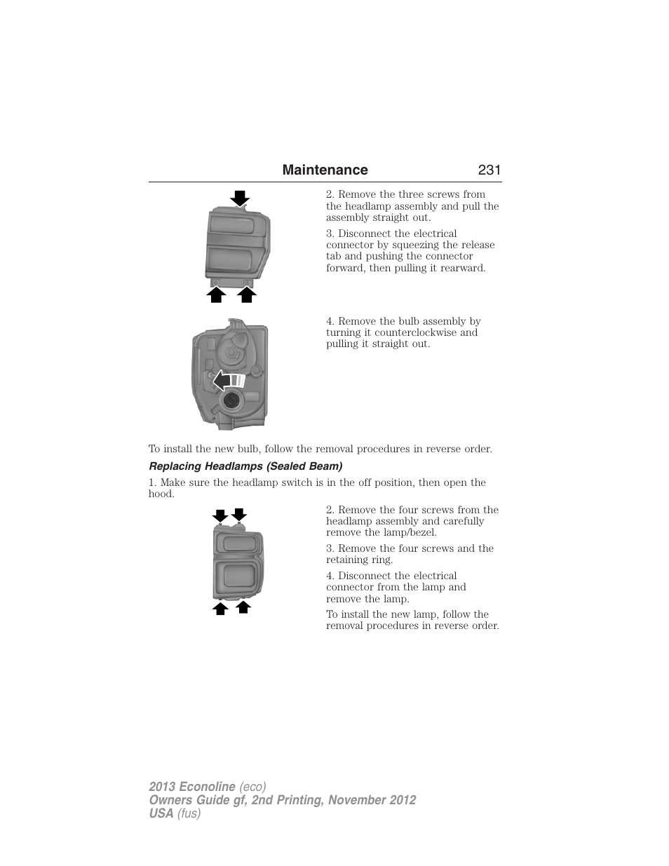 Replacing headlamps (sealed beam), Maintenance 231 | FORD 2013 E-450 v.2 User Manual | Page 232 / 437