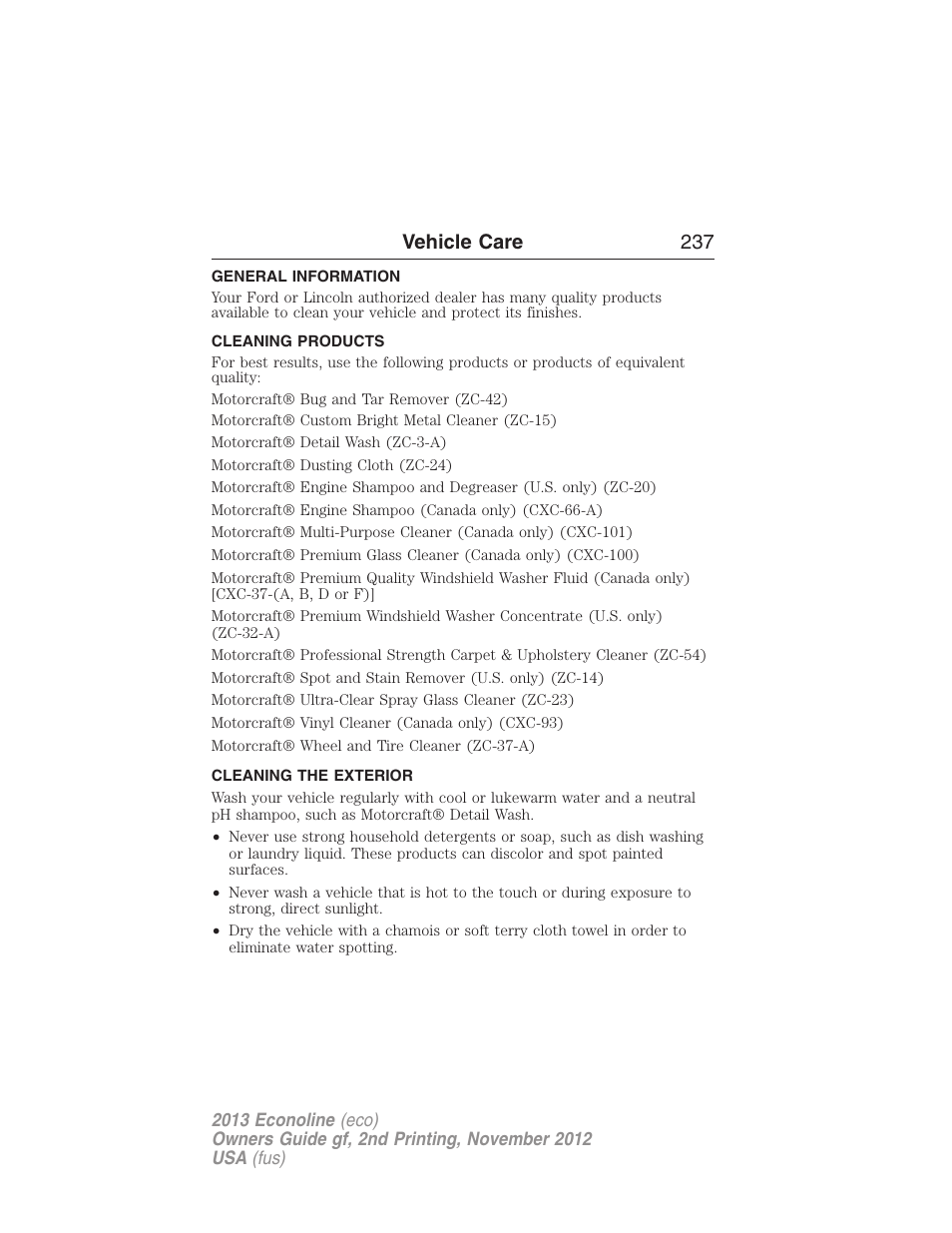 Vehicle care, General information, Cleaning products | Cleaning the exterior, Vehicle care 237 | FORD 2013 E-450 v.2 User Manual | Page 238 / 437