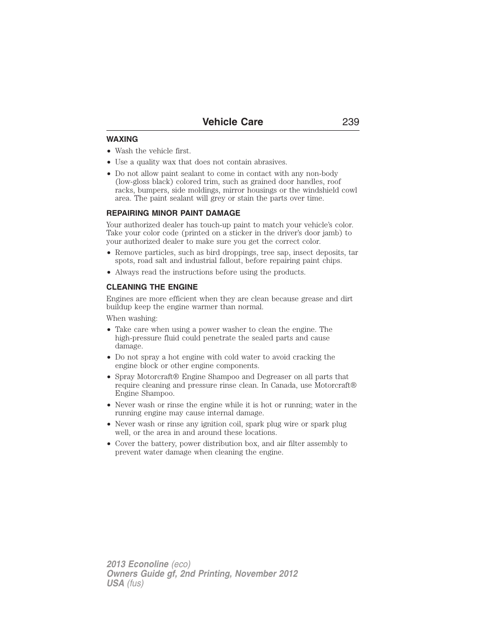 Waxing, Repairing minor paint damage, Cleaning the engine | Vehicle care 239 | FORD 2013 E-450 v.2 User Manual | Page 240 / 437