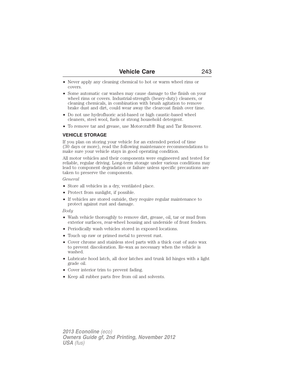 Vehicle storage, Vehicle care 243 | FORD 2013 E-450 v.2 User Manual | Page 244 / 437