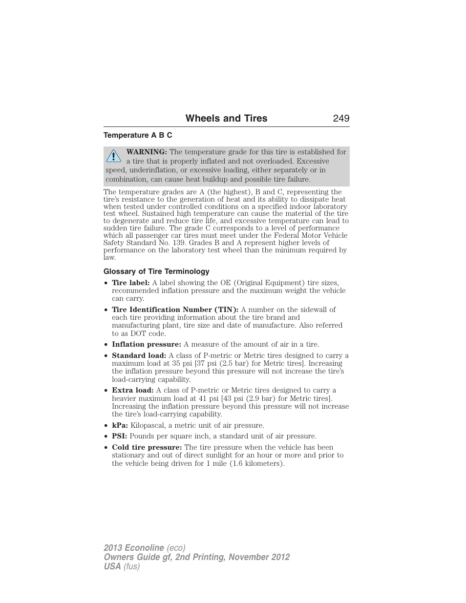 Temperature a b c, Glossary of tire terminology, Wheels and tires 249 | FORD 2013 E-450 v.2 User Manual | Page 250 / 437