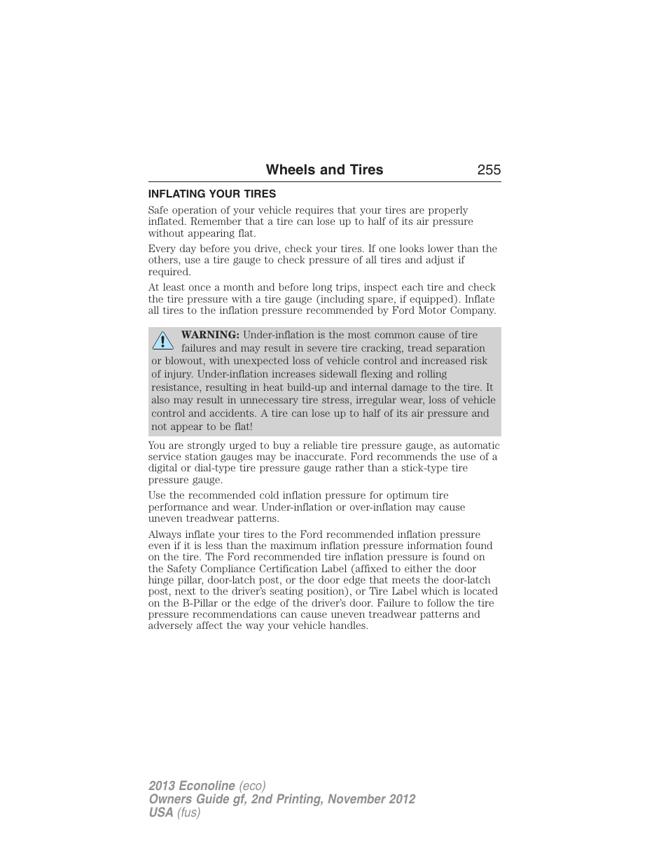 Inflating your tires, Wheels and tires 255 | FORD 2013 E-450 v.2 User Manual | Page 256 / 437