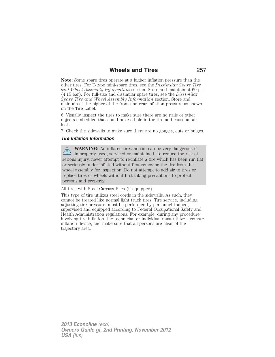 Tire inflation information, Wheels and tires 257 | FORD 2013 E-450 v.2 User Manual | Page 258 / 437
