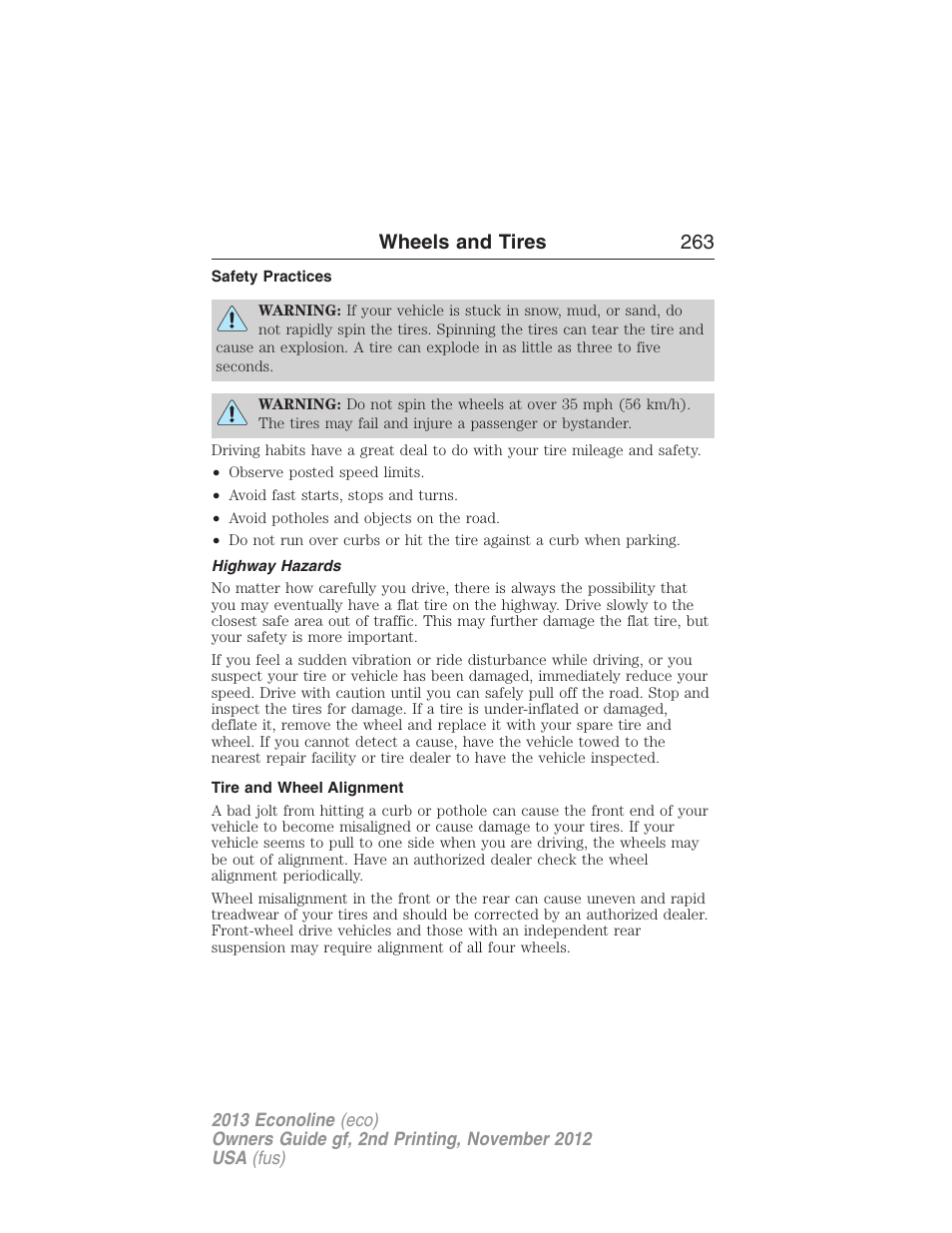 Safety practices, Highway hazards, Tire and wheel alignment | Wheels and tires 263 | FORD 2013 E-450 v.2 User Manual | Page 264 / 437