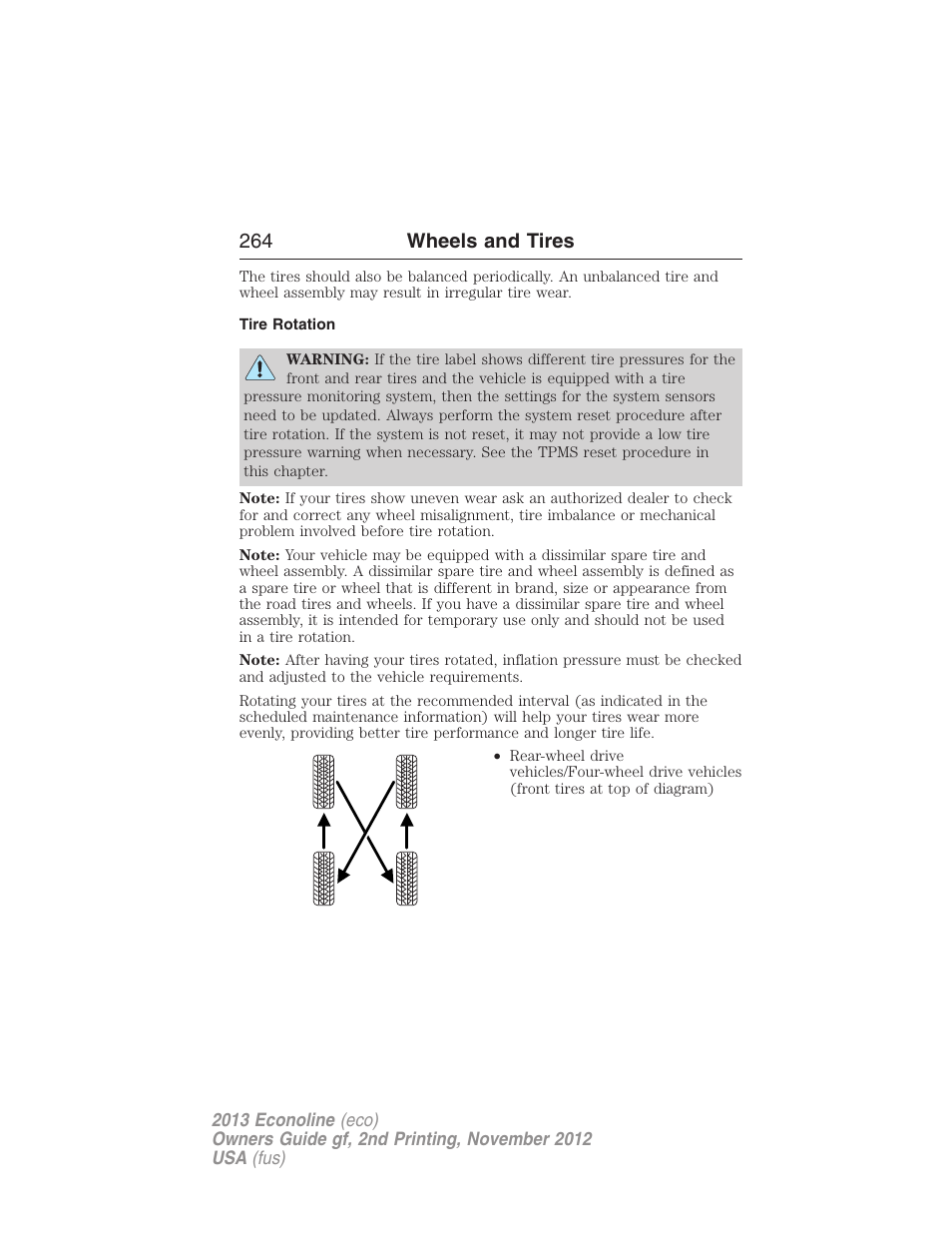 Tire rotation, 264 wheels and tires | FORD 2013 E-450 v.2 User Manual | Page 265 / 437