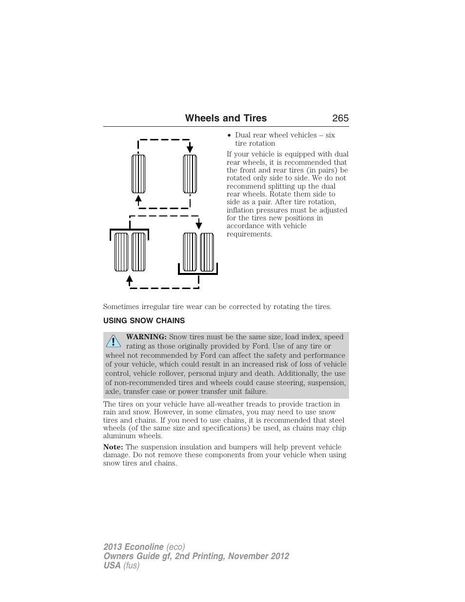 Using snow chains, Wheels and tires 265 | FORD 2013 E-450 v.2 User Manual | Page 266 / 437