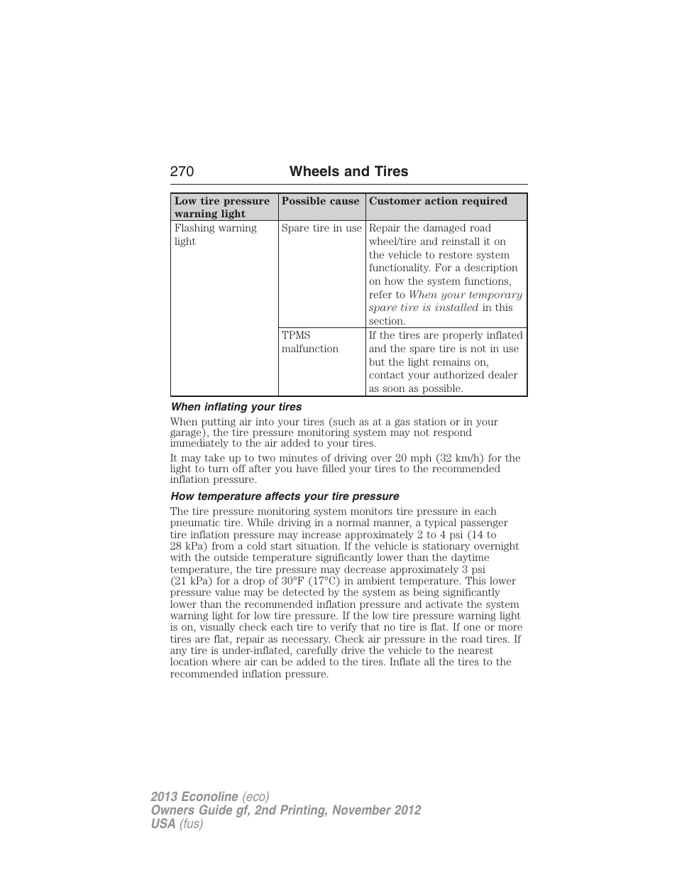 When inflating your tires, How temperature affects your tire pressure, 270 wheels and tires | FORD 2013 E-450 v.2 User Manual | Page 271 / 437