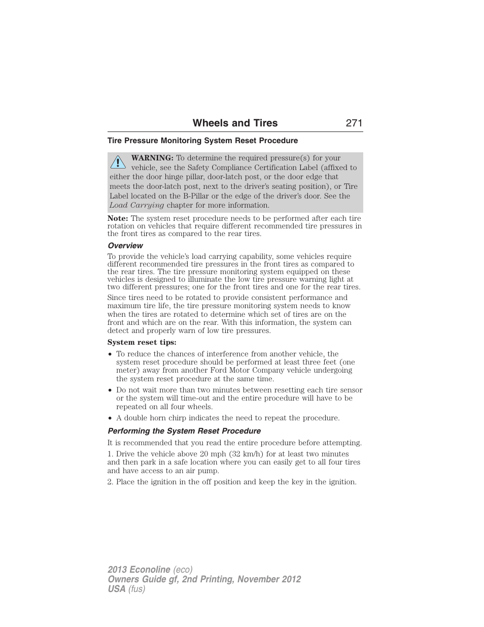 Tire pressure monitoring system reset procedure, Overview, Performing the system reset procedure | Wheels and tires 271 | FORD 2013 E-450 v.2 User Manual | Page 272 / 437