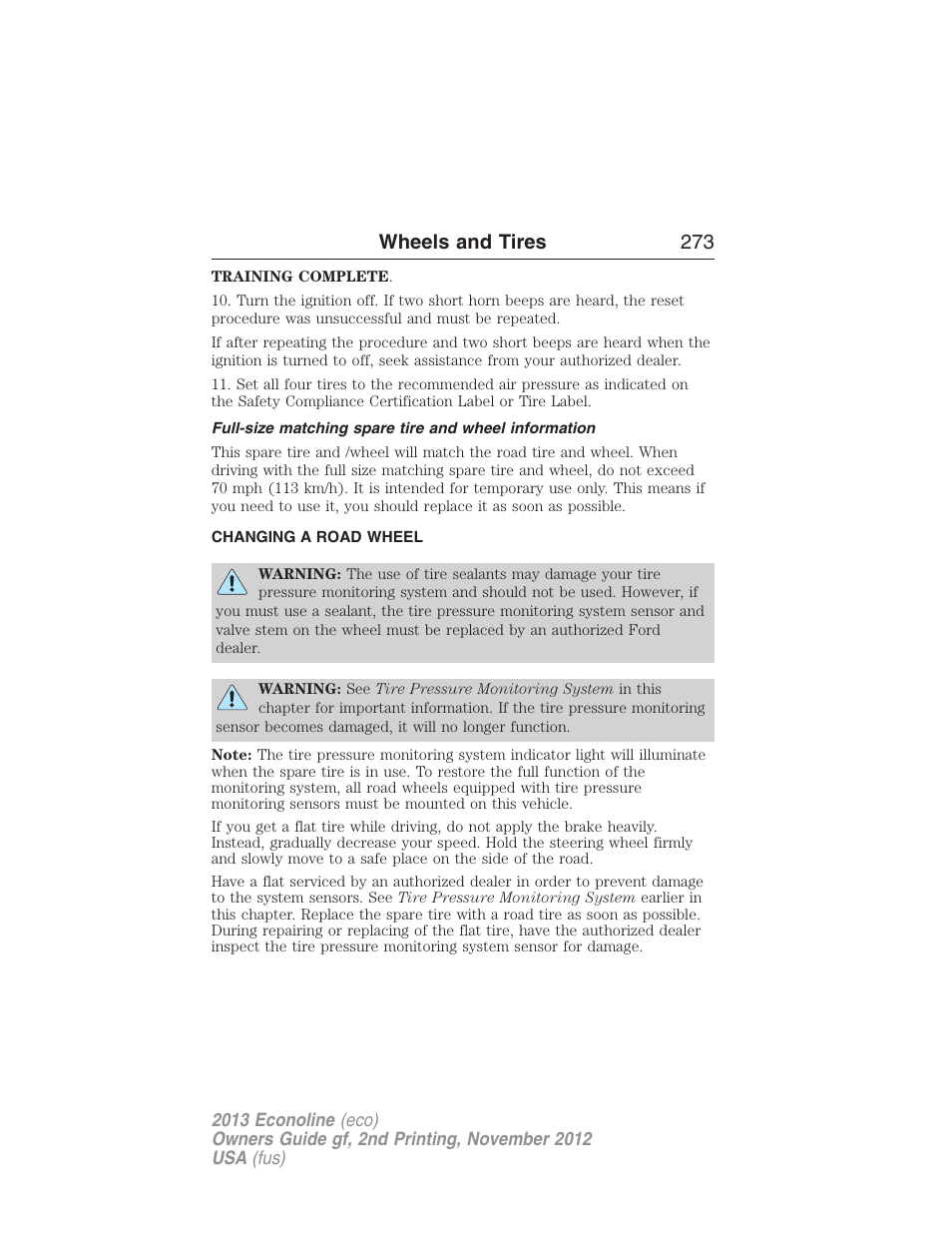 Changing a road wheel, Wheels and tires 273 | FORD 2013 E-450 v.2 User Manual | Page 274 / 437