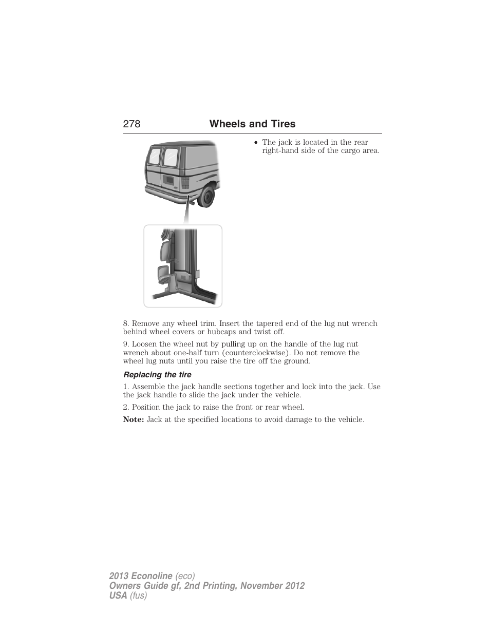 Replacing the tire, 278 wheels and tires | FORD 2013 E-450 v.2 User Manual | Page 279 / 437