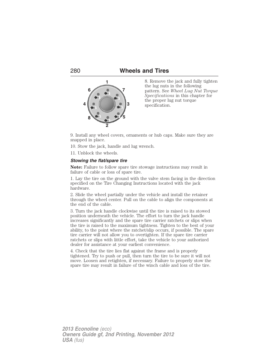 Stowing the flat/spare tire, 280 wheels and tires | FORD 2013 E-450 v.2 User Manual | Page 281 / 437