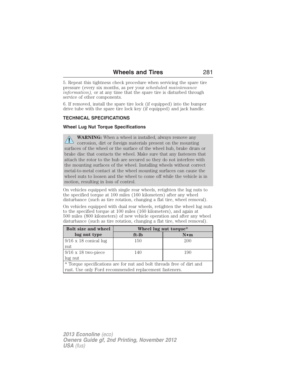 Technical specifications, Wheel lug nut torque specifications, Wheel lug nut torque | Wheels and tires 281 | FORD 2013 E-450 v.2 User Manual | Page 282 / 437