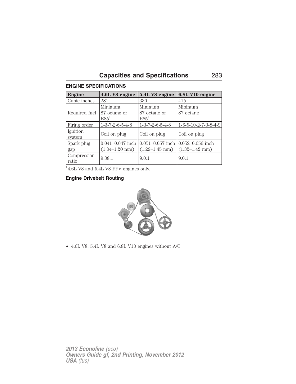 Capacities and specifications, Engine specifications, Engine drivebelt routing | Engine drivebelt, Capacities and specifications 283 | FORD 2013 E-450 v.2 User Manual | Page 284 / 437