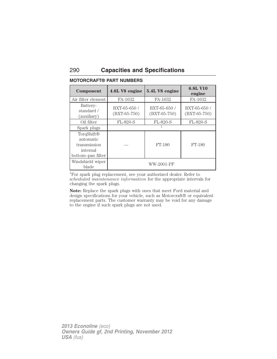 Motorcraft® part numbers, Part numbers, 290 capacities and specifications | FORD 2013 E-450 v.2 User Manual | Page 291 / 437