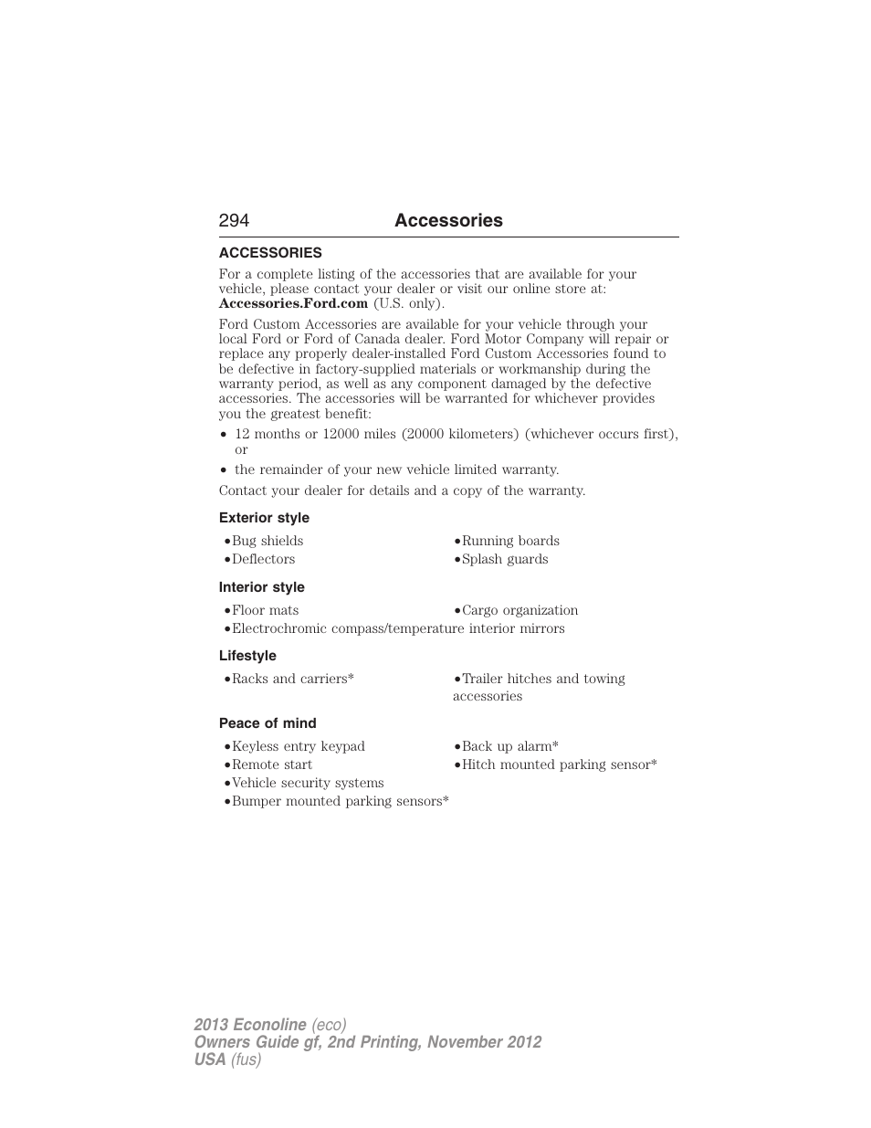 Accessories, Exterior style, Interior style | Lifestyle, Peace of mind, 294 accessories | FORD 2013 E-450 v.2 User Manual | Page 295 / 437