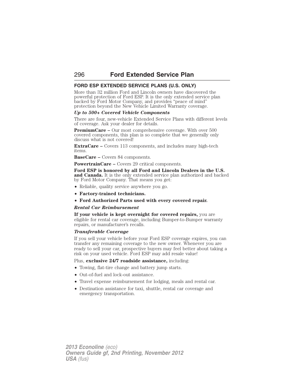 Ford extended service plan, Ford esp extended service plans (u.s. only), 296 ford extended service plan | FORD 2013 E-450 v.2 User Manual | Page 297 / 437