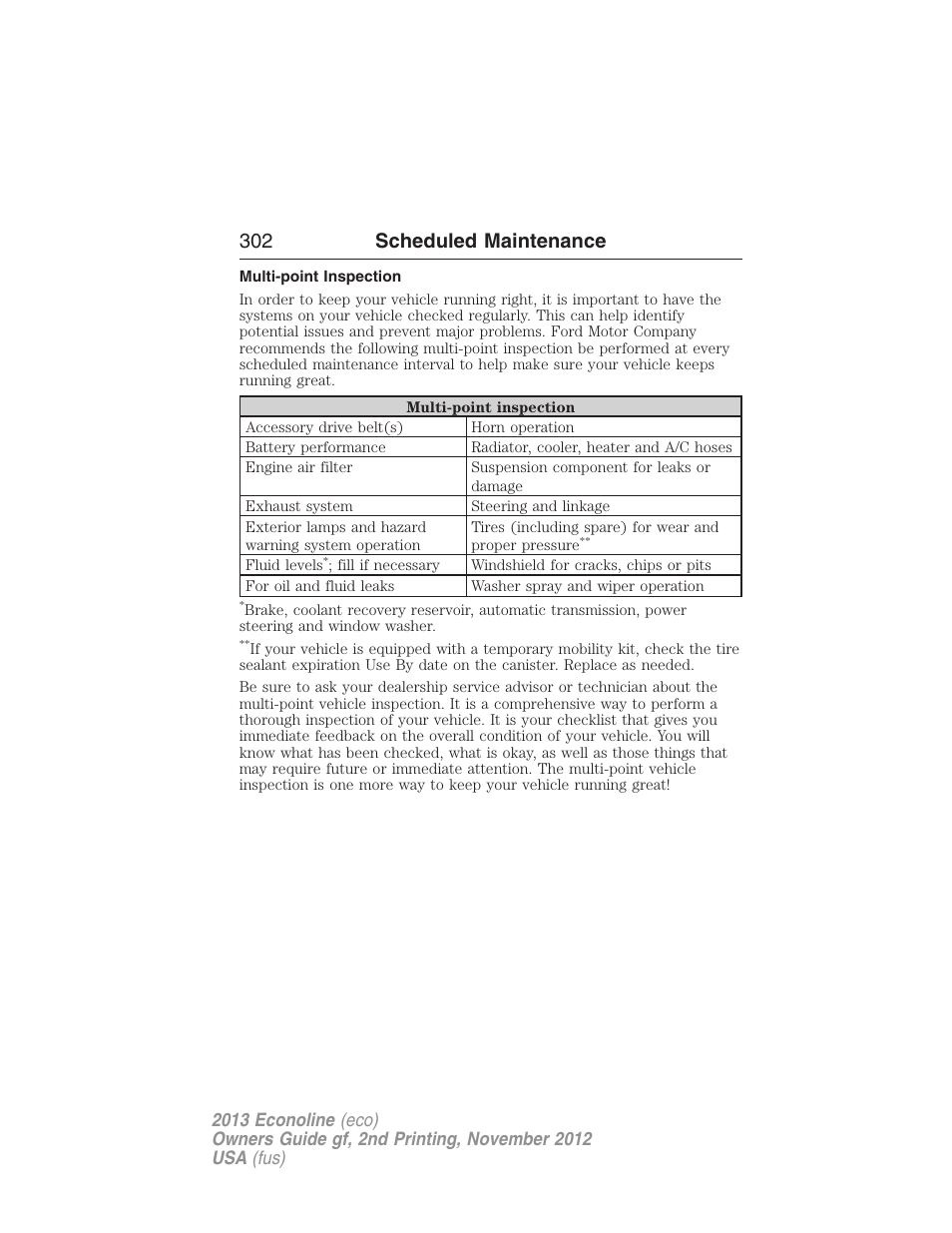 Multi-point inspection, 302 scheduled maintenance | FORD 2013 E-450 v.2 User Manual | Page 303 / 437