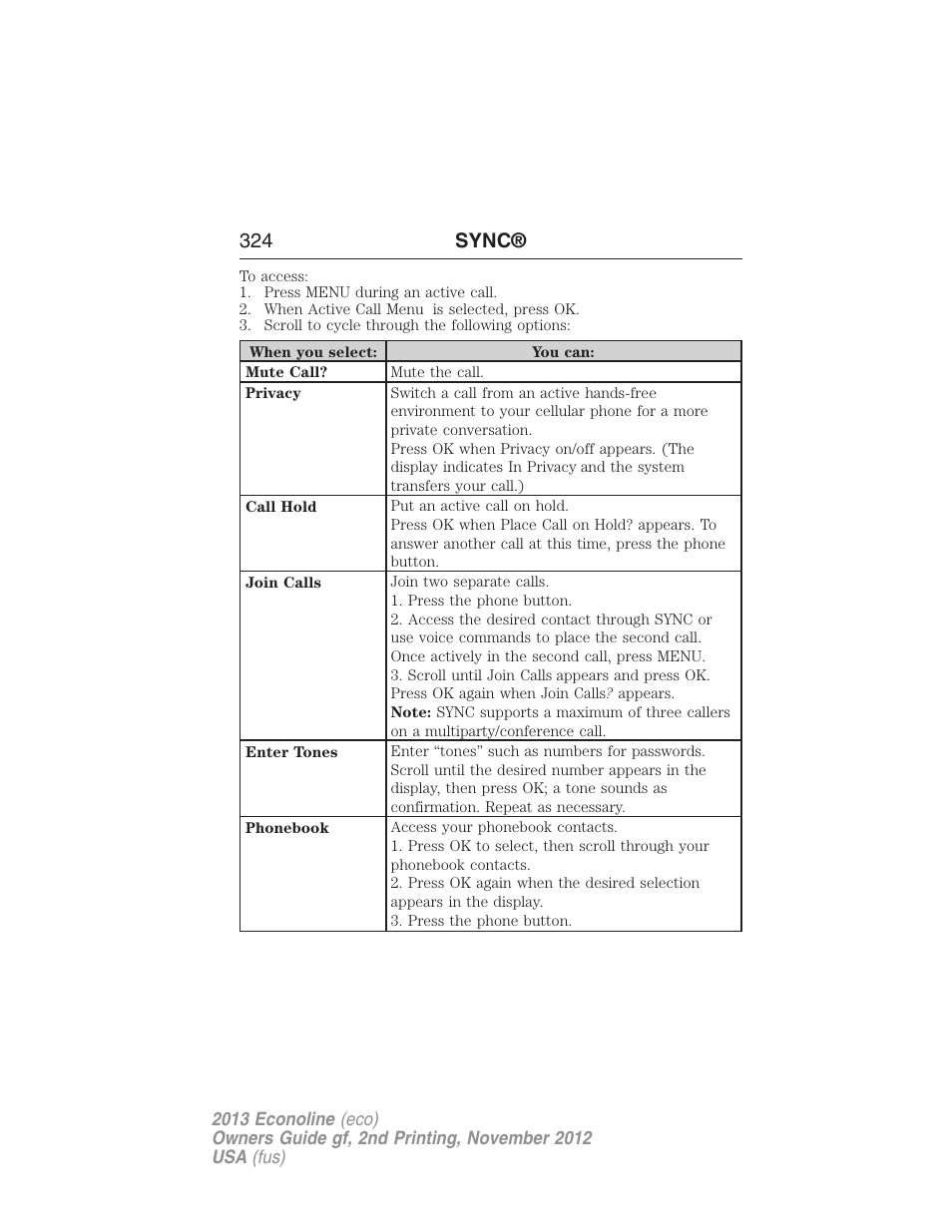 324 sync | FORD 2013 E-450 v.2 User Manual | Page 325 / 437