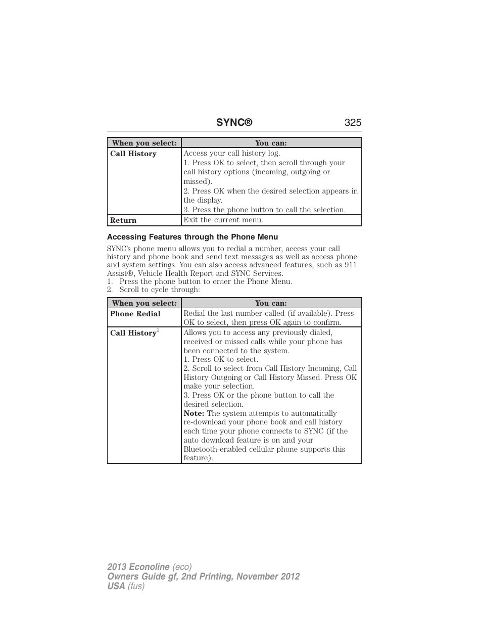 Accessing features through the phone menu, Sync® 325 | FORD 2013 E-450 v.2 User Manual | Page 326 / 437