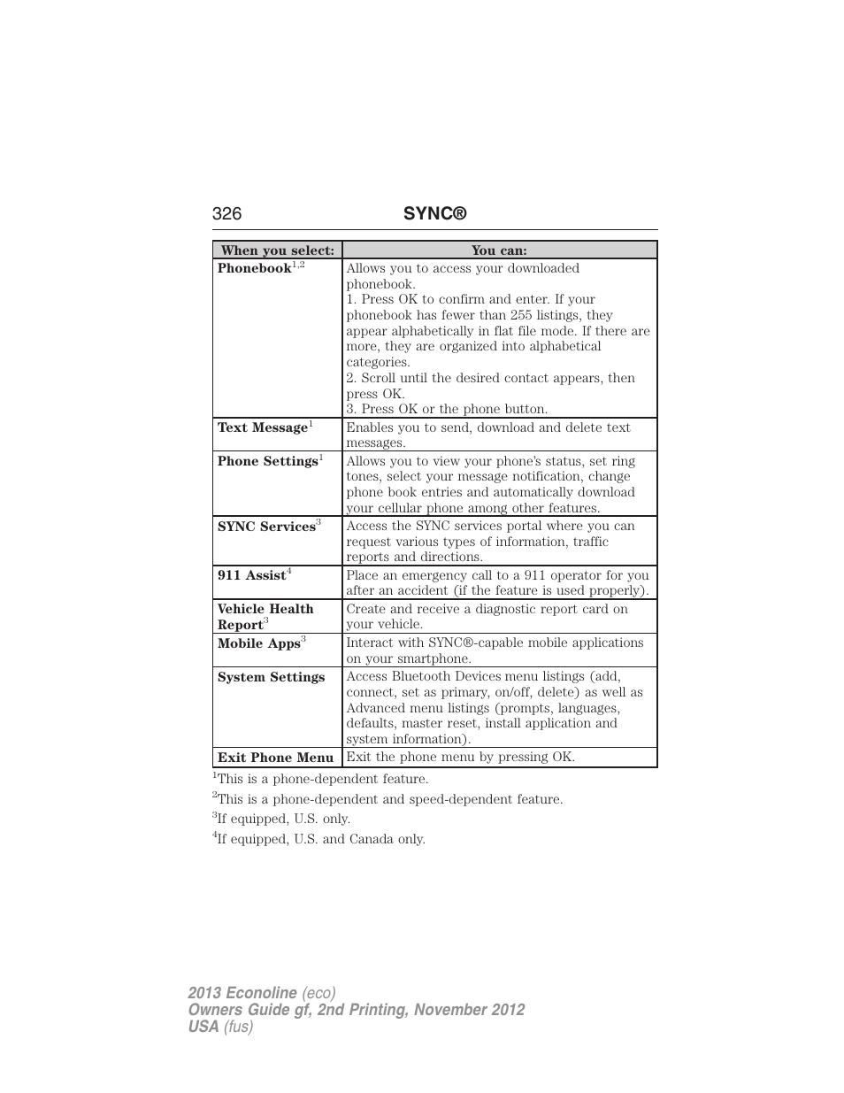 326 sync | FORD 2013 E-450 v.2 User Manual | Page 327 / 437