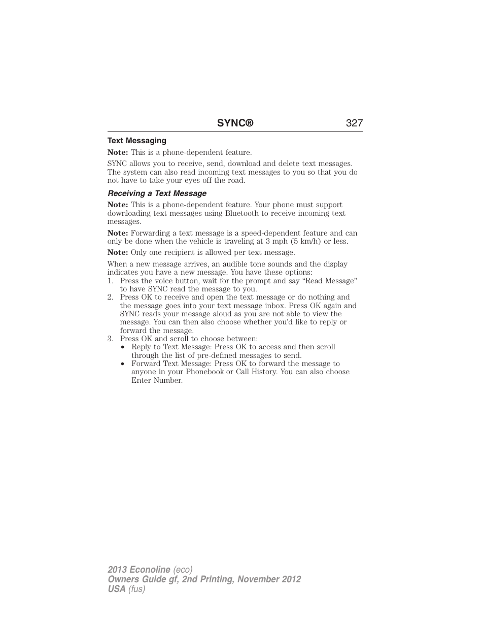 Text messaging, Receiving a text message, Sync® 327 | FORD 2013 E-450 v.2 User Manual | Page 328 / 437
