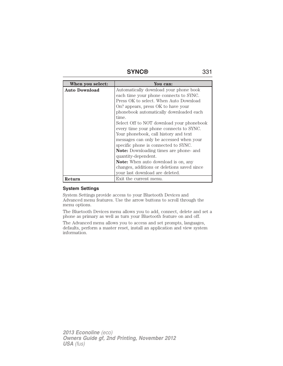 System settings, Sync® 331 | FORD 2013 E-450 v.2 User Manual | Page 332 / 437