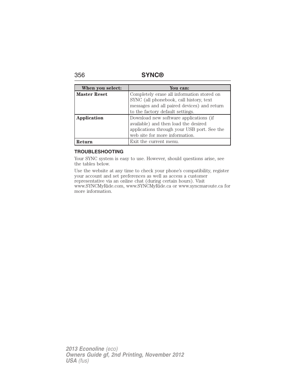 Troubleshooting, 356 sync | FORD 2013 E-450 v.2 User Manual | Page 357 / 437