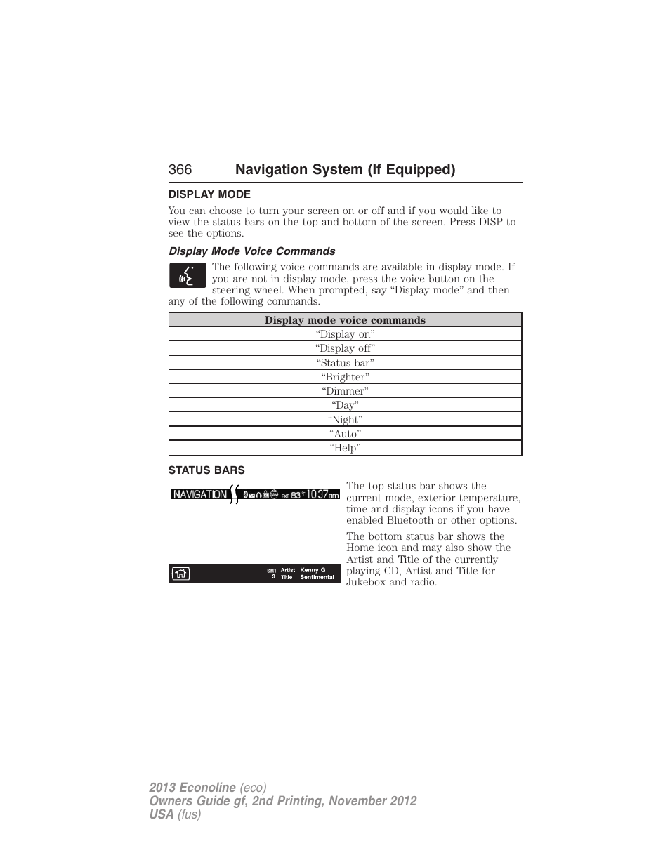 Display mode, Display mode voice commands, Status bars | 366 navigation system (if equipped) | FORD 2013 E-450 v.2 User Manual | Page 367 / 437
