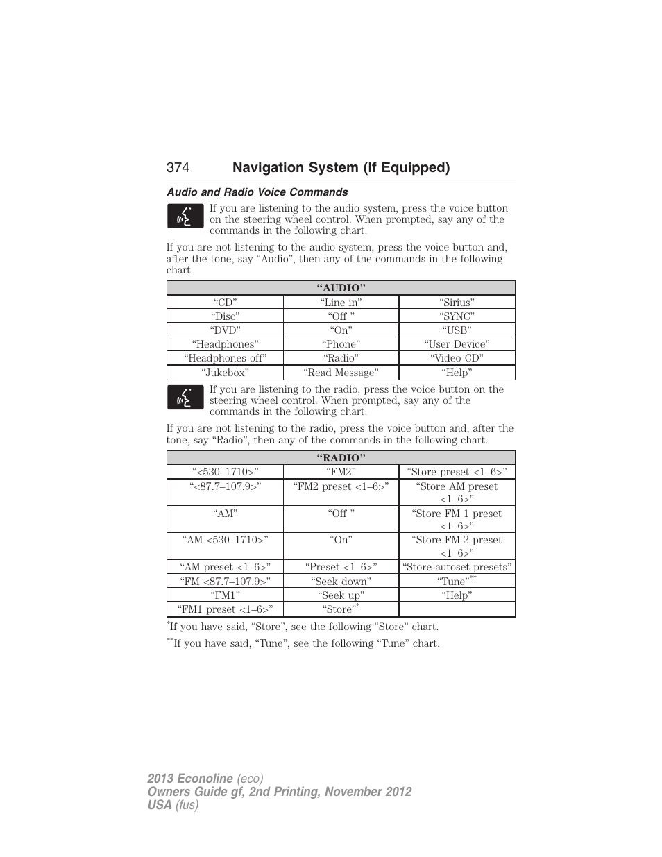 Audio and radio voice commands, 374 navigation system (if equipped) | FORD 2013 E-450 v.2 User Manual | Page 375 / 437