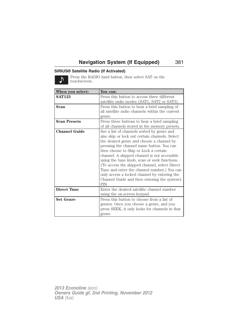 Sirius® satellite radio (if activated), Navigation system (if equipped) 381 | FORD 2013 E-450 v.2 User Manual | Page 382 / 437