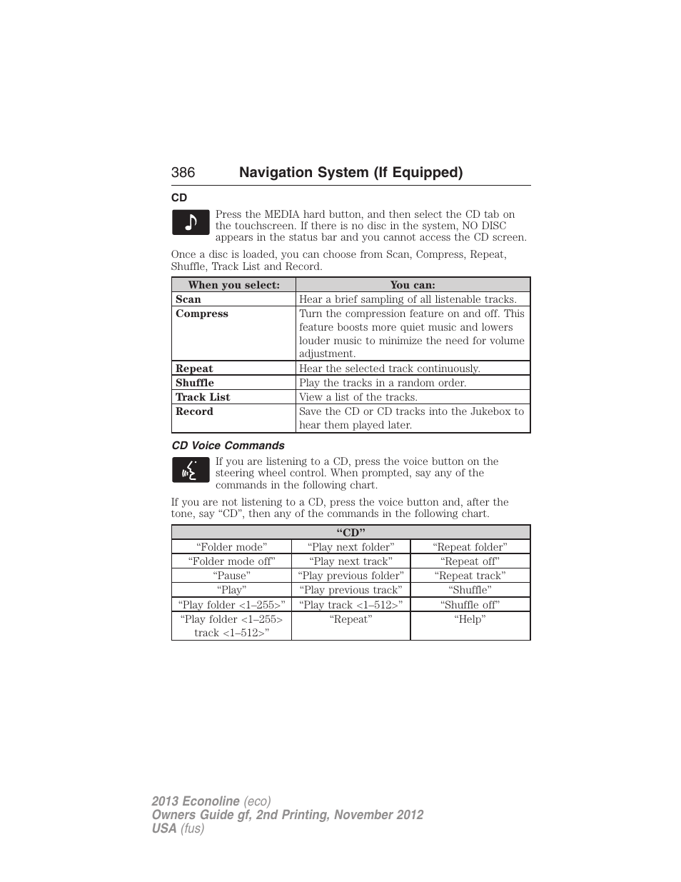 Cd voice commands, 386 navigation system (if equipped) | FORD 2013 E-450 v.2 User Manual | Page 387 / 437