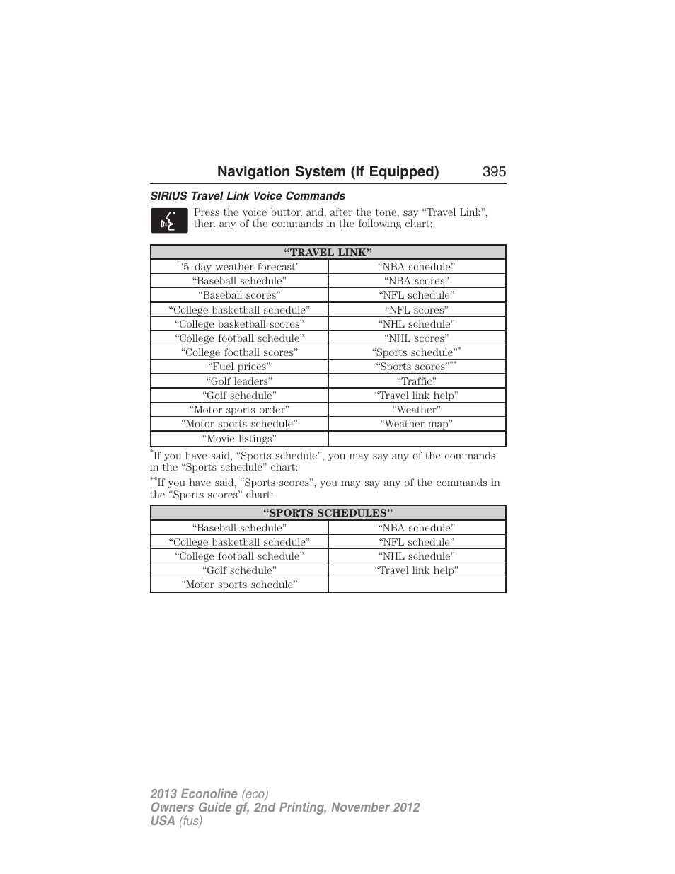 Sirius travel link voice commands, Navigation system (if equipped) 395 | FORD 2013 E-450 v.2 User Manual | Page 396 / 437