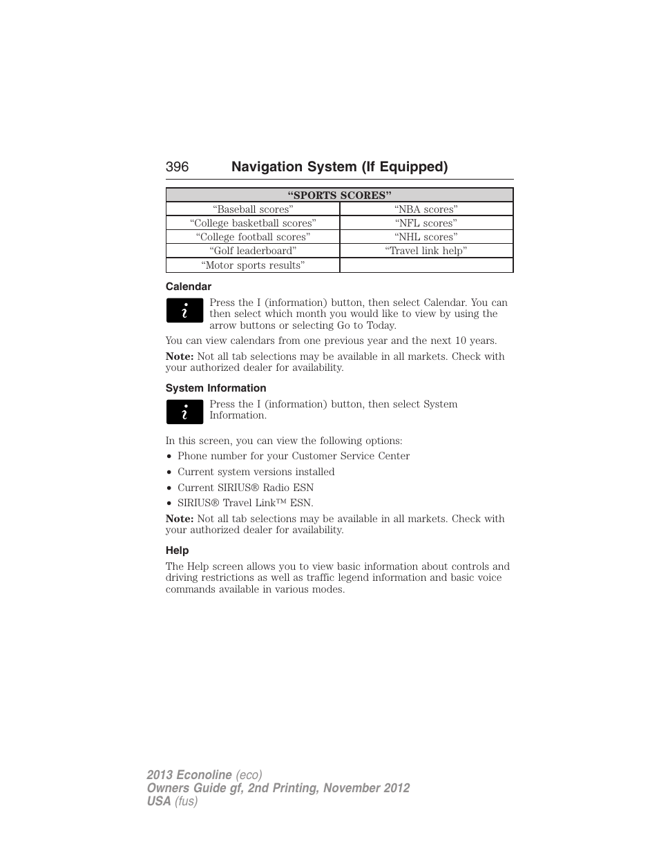 Calendar, System information, Help | Accessing the help screen, 396 navigation system (if equipped) | FORD 2013 E-450 v.2 User Manual | Page 397 / 437
