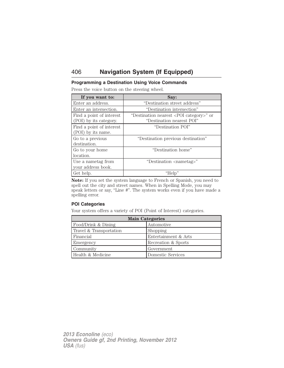 Programming a destination using voice commands, Poi categories, 406 navigation system (if equipped) | FORD 2013 E-450 v.2 User Manual | Page 407 / 437