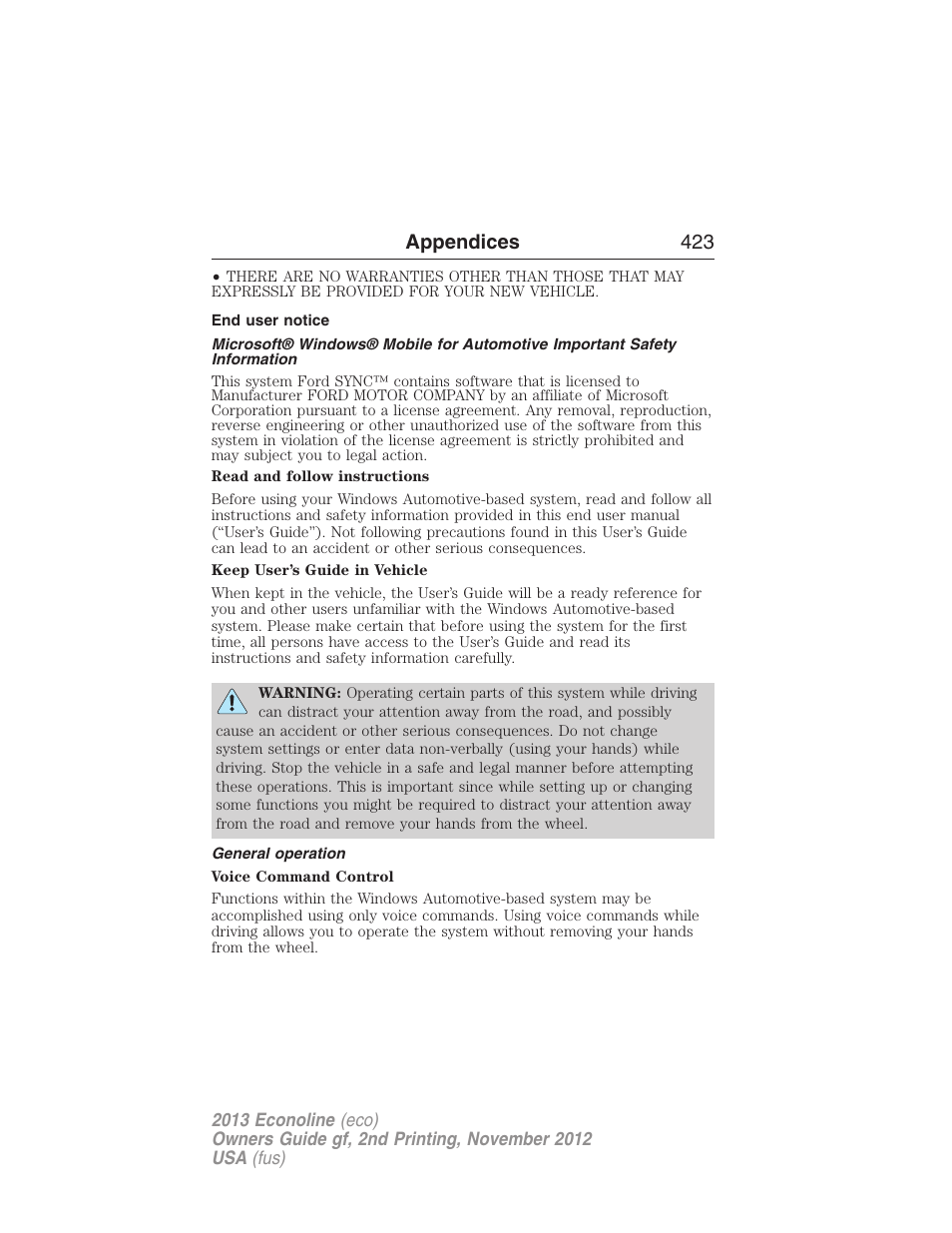 End user notice, General operation, Appendices 423 | FORD 2013 E-450 v.2 User Manual | Page 424 / 437