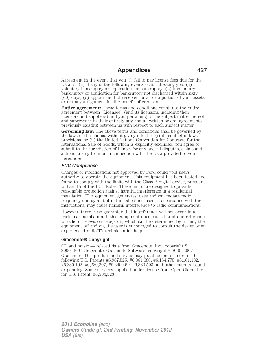 Fcc compliance, Gracenote® copyright, Appendices 427 | FORD 2013 E-450 v.2 User Manual | Page 428 / 437