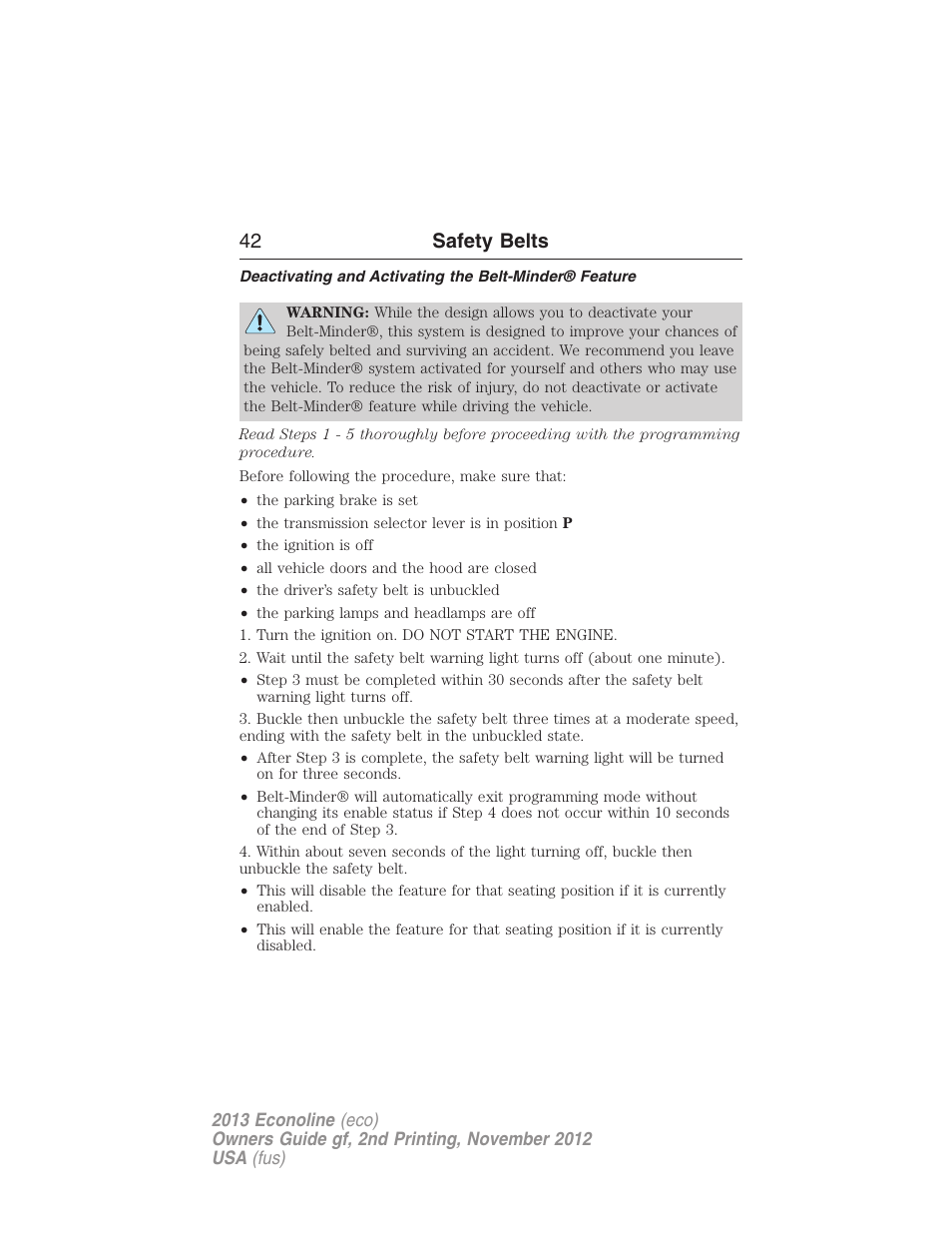 42 safety belts | FORD 2013 E-450 v.2 User Manual | Page 43 / 437