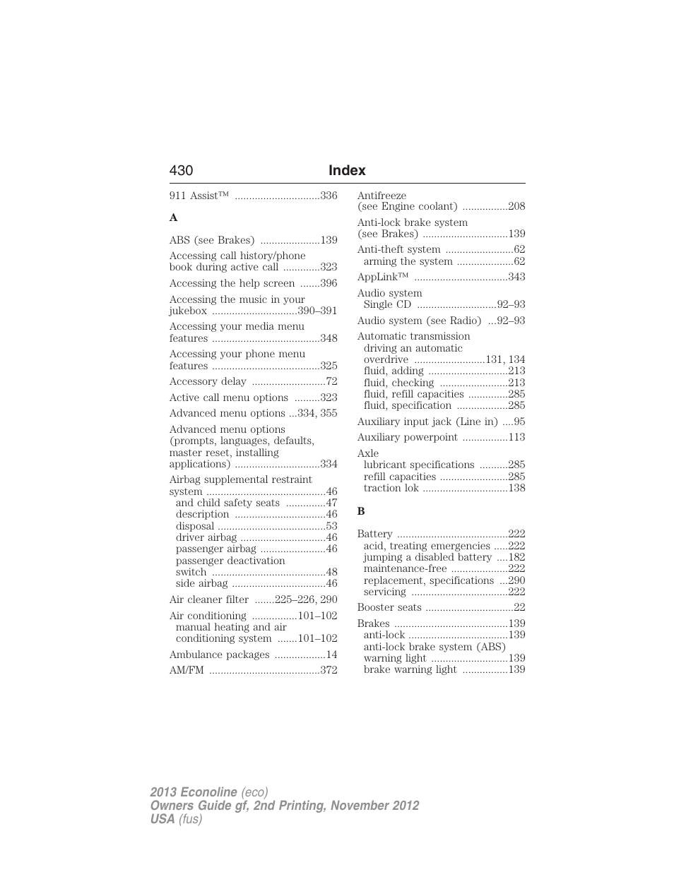Index, 430 index | FORD 2013 E-450 v.2 User Manual | Page 431 / 437