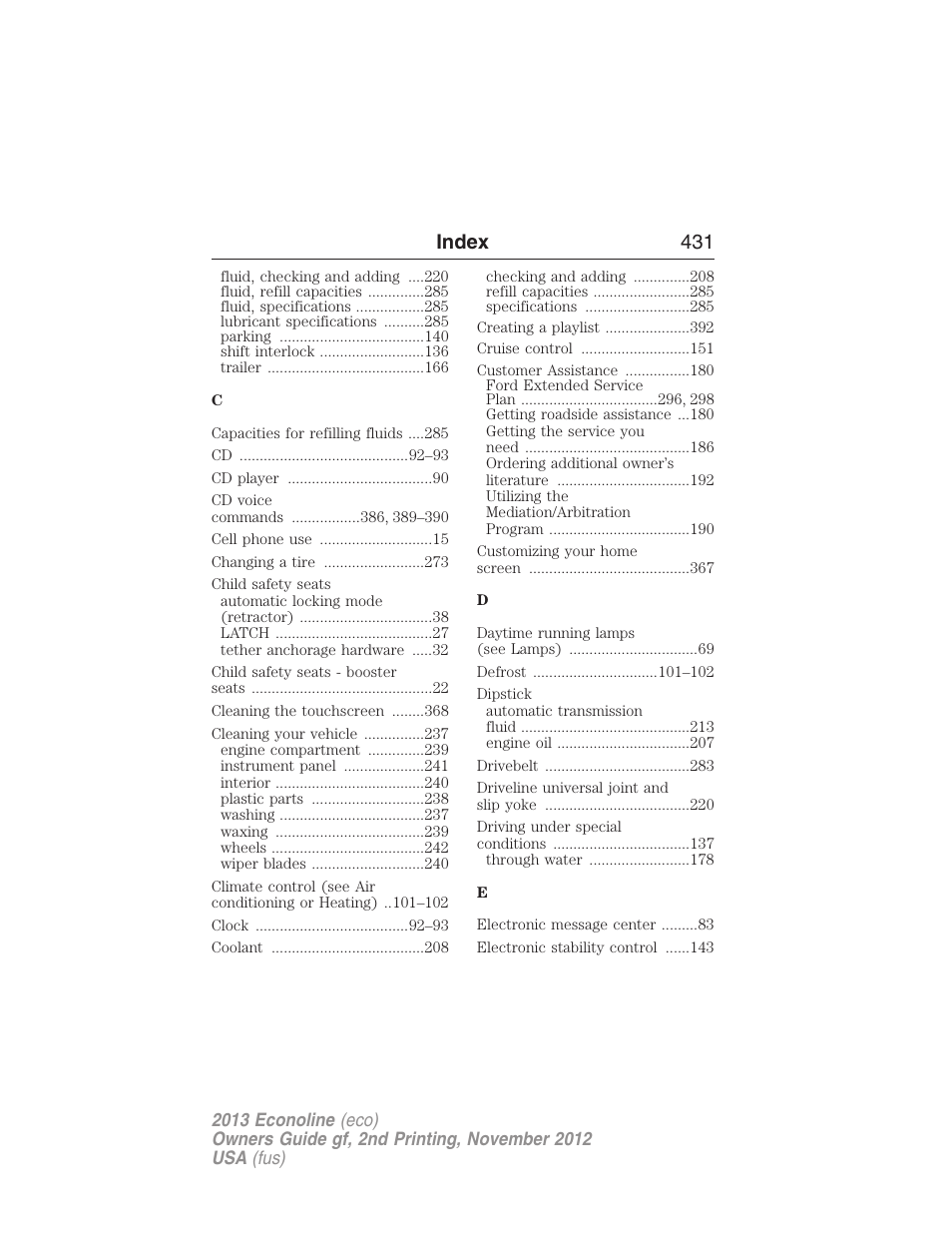 Index 431 | FORD 2013 E-450 v.2 User Manual | Page 432 / 437