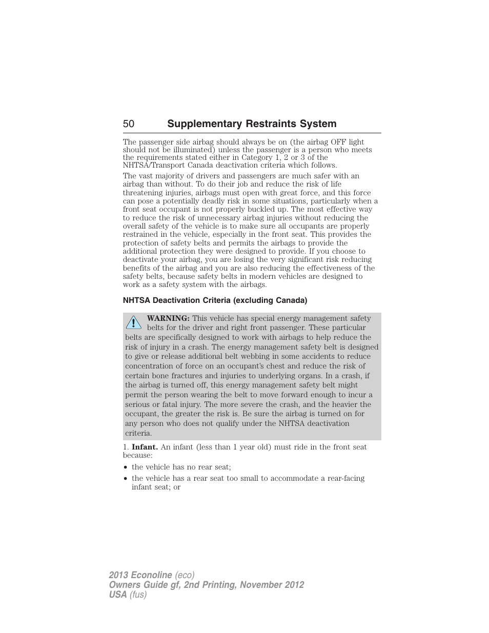 Nhtsa deactivation criteria (excluding canada), 50 supplementary restraints system | FORD 2013 E-450 v.2 User Manual | Page 51 / 437