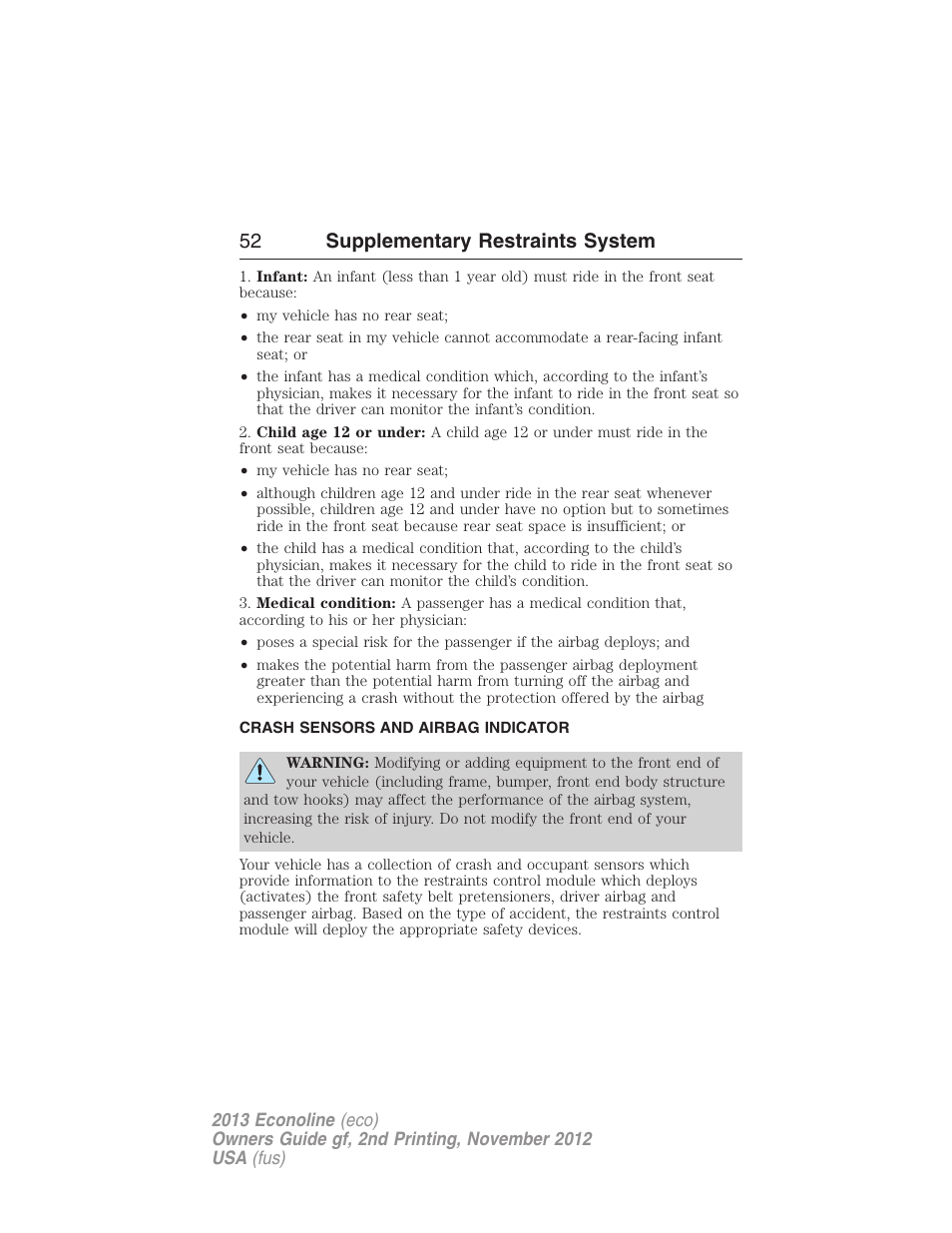 Crash sensors and airbag indicator, 52 supplementary restraints system | FORD 2013 E-450 v.2 User Manual | Page 53 / 437