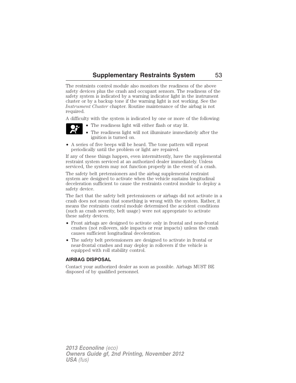 Airbag disposal, Supplementary restraints system 53 | FORD 2013 E-450 v.2 User Manual | Page 54 / 437