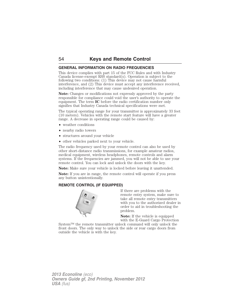 Keys and remote control, General information on radio frequencies, Remote control (if equipped) | Remote control, 54 keys and remote control | FORD 2013 E-450 v.2 User Manual | Page 55 / 437