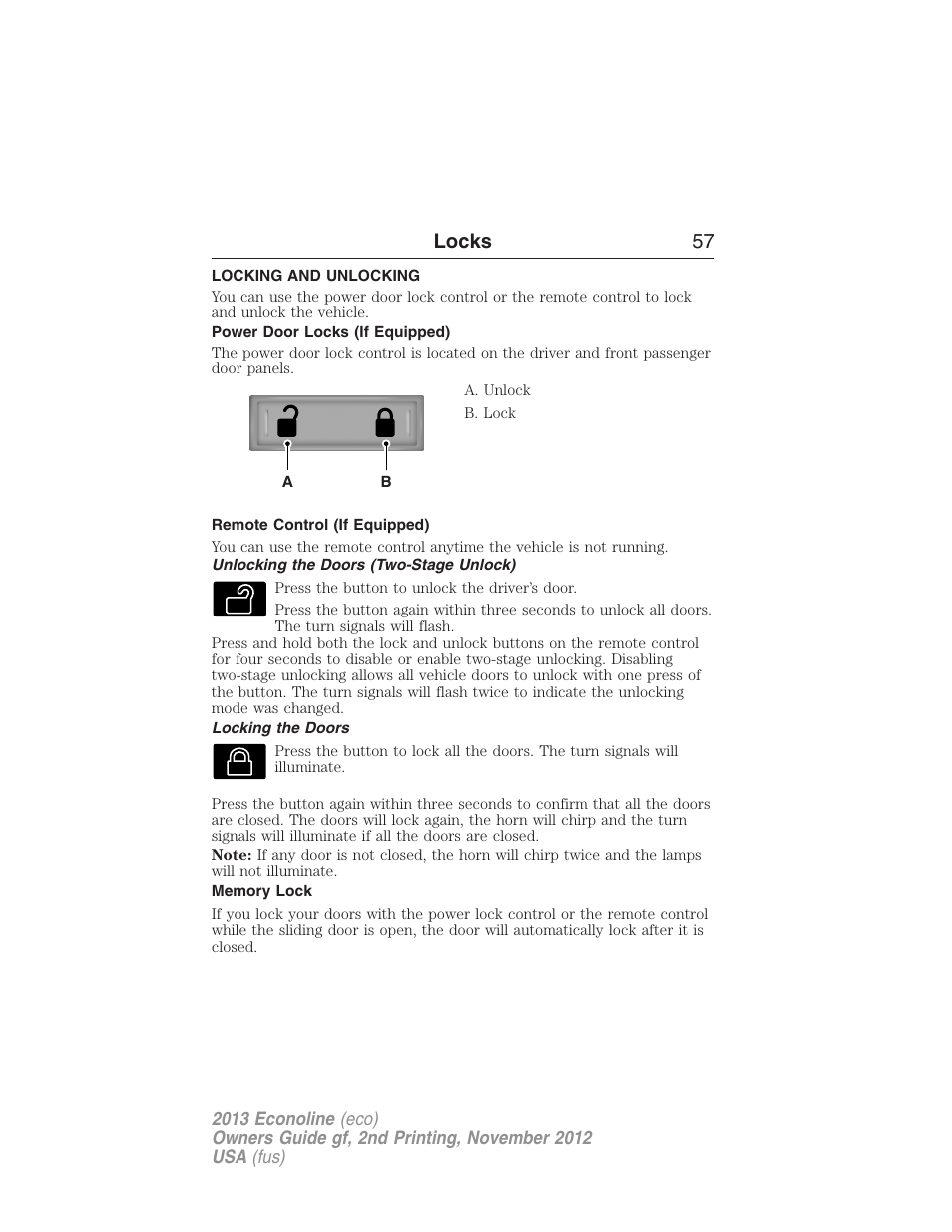 Locks, Locking and unlocking, Power door locks (if equipped) | Remote control (if equipped), Unlocking the doors (two-stage unlock), Locking the doors, Memory lock, Locks 57 | FORD 2013 E-450 v.2 User Manual | Page 58 / 437