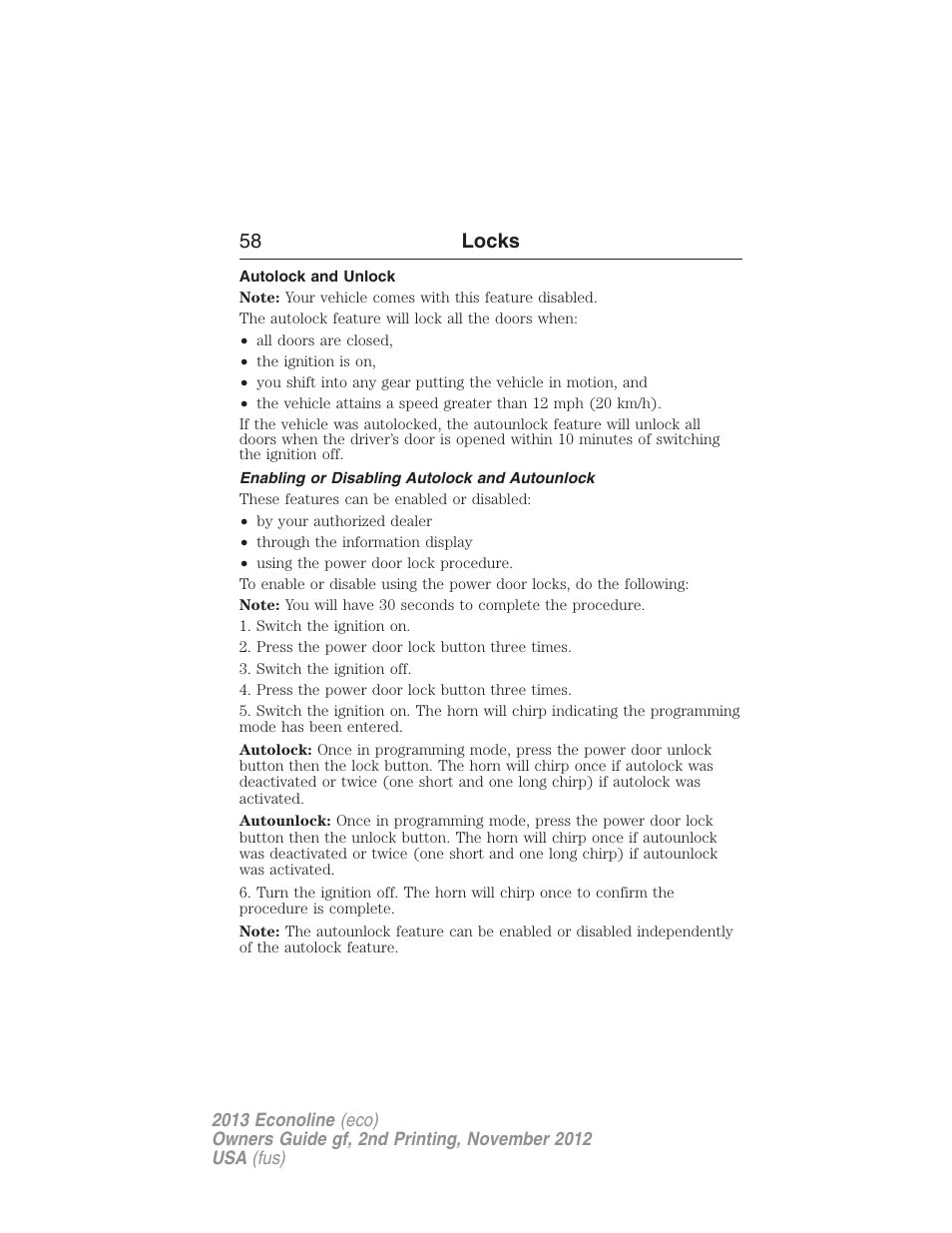 Autolock and unlock, Enabling or disabling autolock and autounlock, 58 locks | FORD 2013 E-450 v.2 User Manual | Page 59 / 437