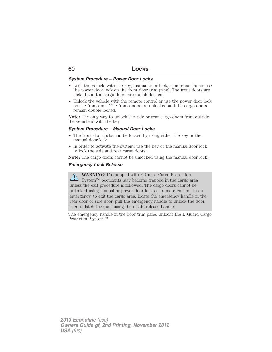 System procedure – power door locks, System procedure – manual door locks, Emergency lock release | 60 locks | FORD 2013 E-450 v.2 User Manual | Page 61 / 437