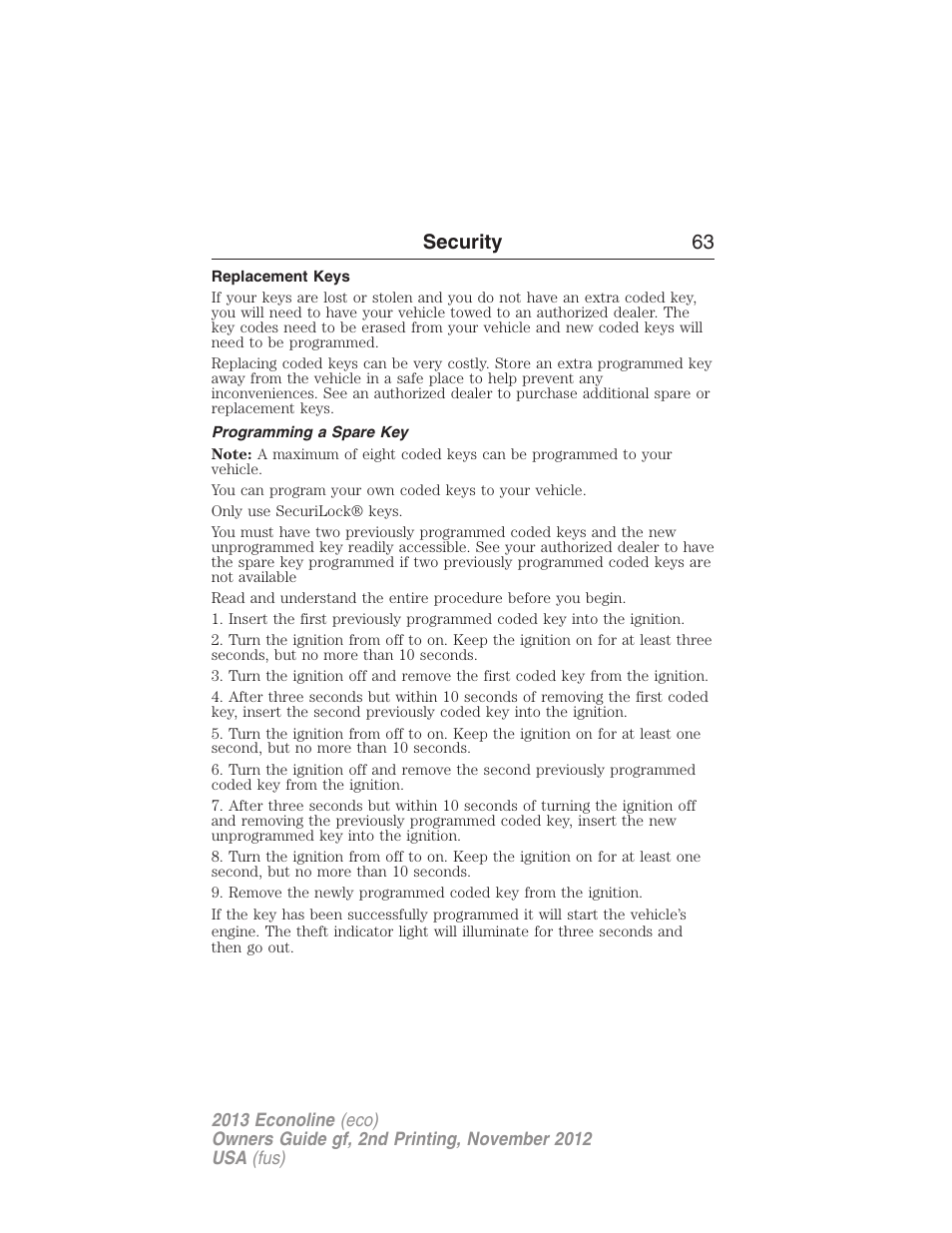 Replacement keys, Programming a spare key, Security 63 | FORD 2013 E-450 v.2 User Manual | Page 64 / 437