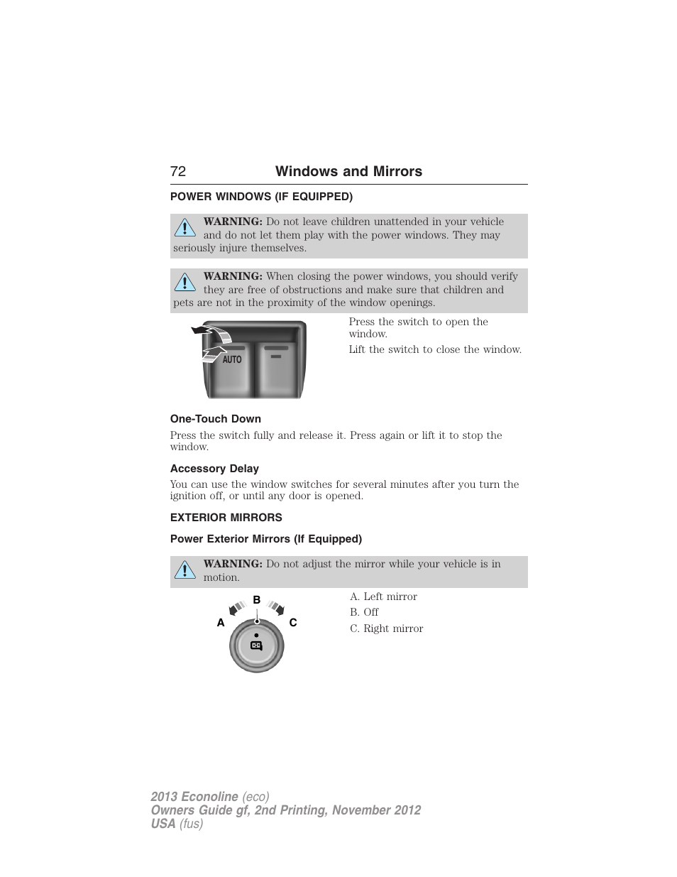 Windows and mirrors, Power windows (if equipped), One-touch down | Accessory delay, Exterior mirrors, Power exterior mirrors (if equipped), Power windows, 72 windows and mirrors | FORD 2013 E-450 v.2 User Manual | Page 73 / 437